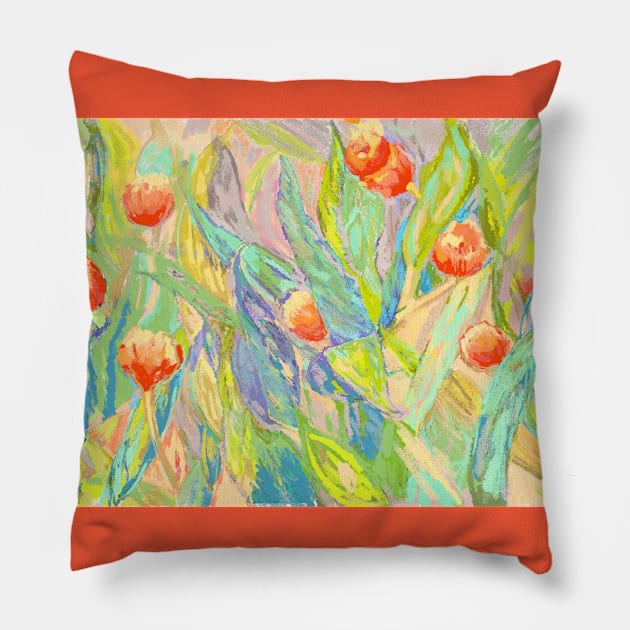 Springtime tulip garden Pillow by Peaceful Pigments