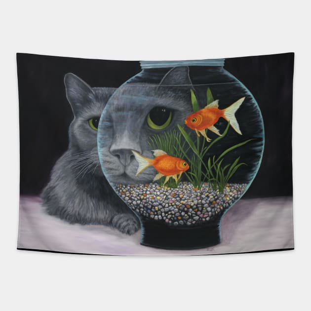 Cat and Fishbowl Tapestry by KarenZukArt