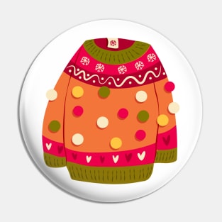 Cute vibrant hand drawn sweater with winter decoration and pom-poms. Colorful holiday vector illustration. Pin