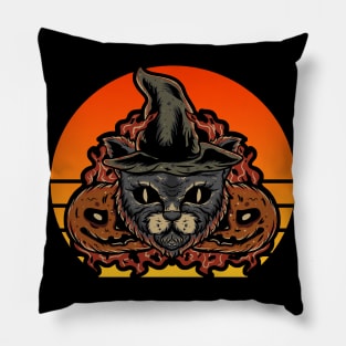 Black cat with witch hat Halloween vintage retro Pillow