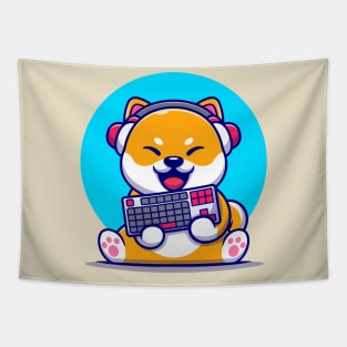 Cute Shiba Inu Gaming Dog With Headphone And Holding  Keyboard Cartoon Tapestry