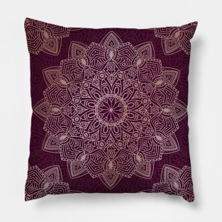 Beautiful hand drawn soft gold mandala on burgundy Pillow