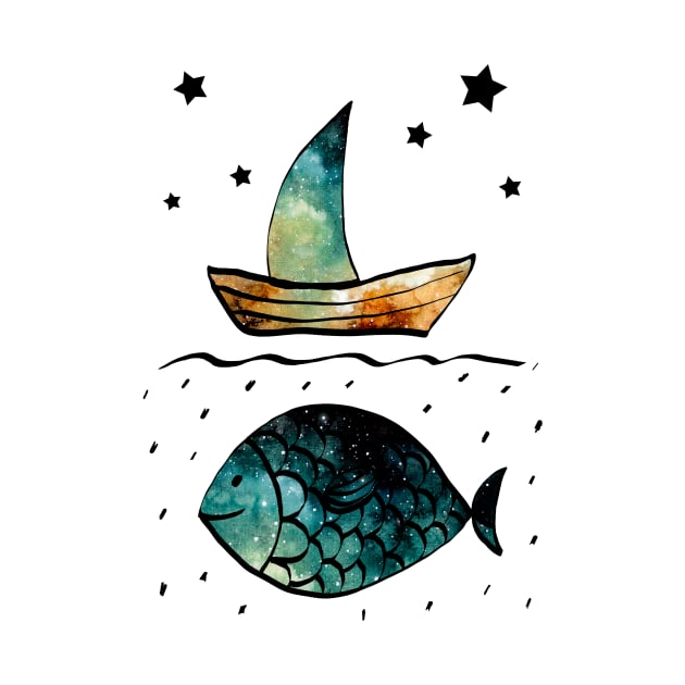 Watercolor Starry Sky, Fish and Sail Boat by Cordata