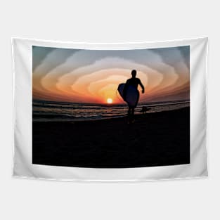 Silhouette of Surfer on Beach Tapestry