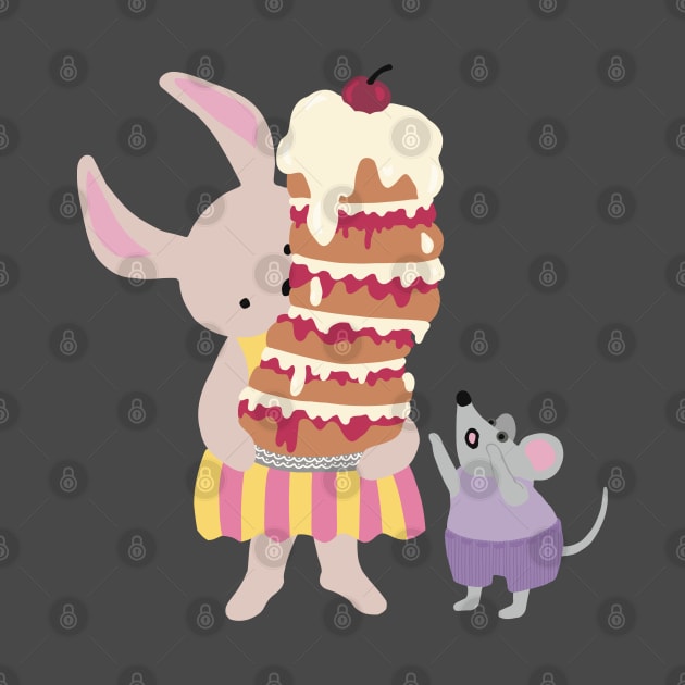 Happy Birthday , greeting card, with a rabbit holding a high cake that almost will fall by marina63