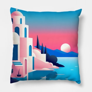 A church on the shore of a lake in Santorini greece Pillow