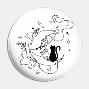 Cat and Moon with Crystals Pin