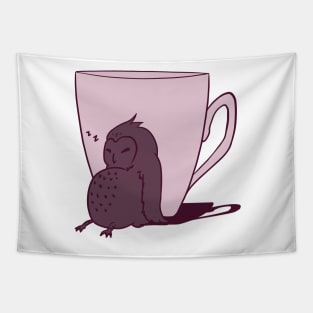 Sleepy Owl and Cup Purple Tapestry