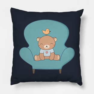 There's a whimsical teddy bear on the sofa Pillow