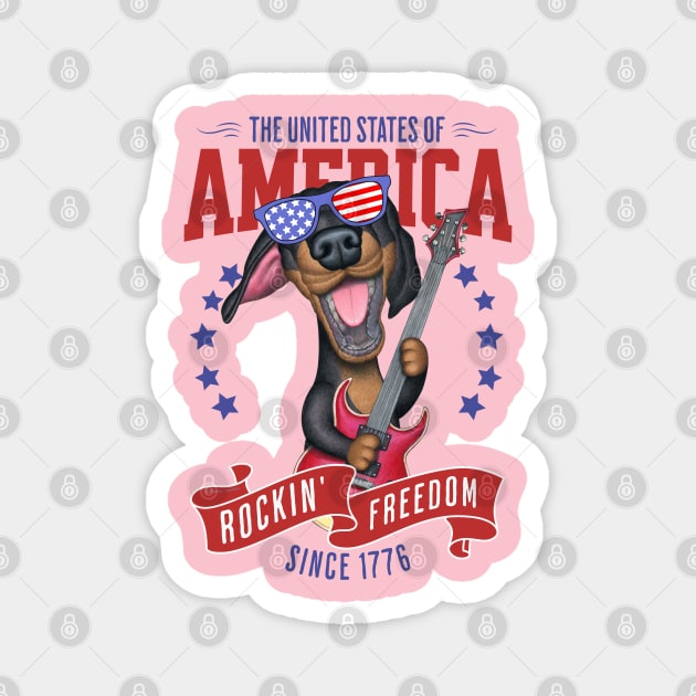 Cute and Funny Doxie Dachshund Dog with Red white and Blue sunglasses Fur Baby Rockin Freedom Magnet by Danny Gordon Art