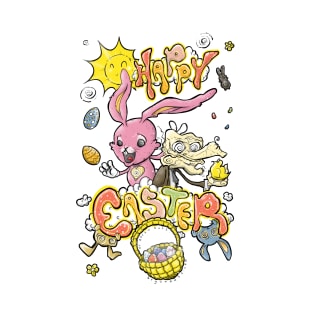 HAPPY EASTER with Cartoony Old Man Joe & the CUTEST Easter Bunny EVER Hand Drawn One of a Kind Art 2 T-Shirt