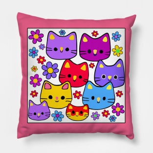 Colorful Cats and Flowers Pillow