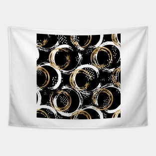 Black White and Golden Mixed Abstract Circles, Minimalist Style Tapestry