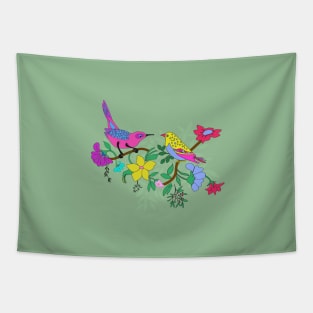 Tropical Colorful Birds Branches Flowers Tapestry