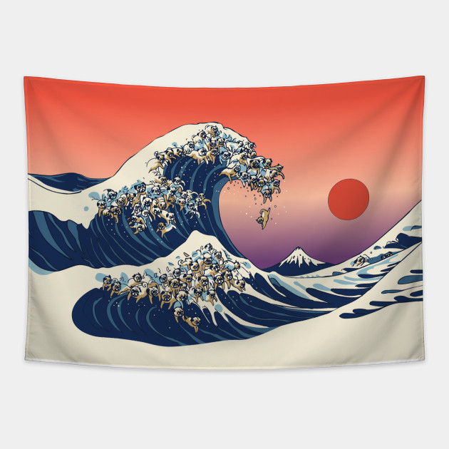 The Great wave of Pugs Pug Tapestry TeePublic