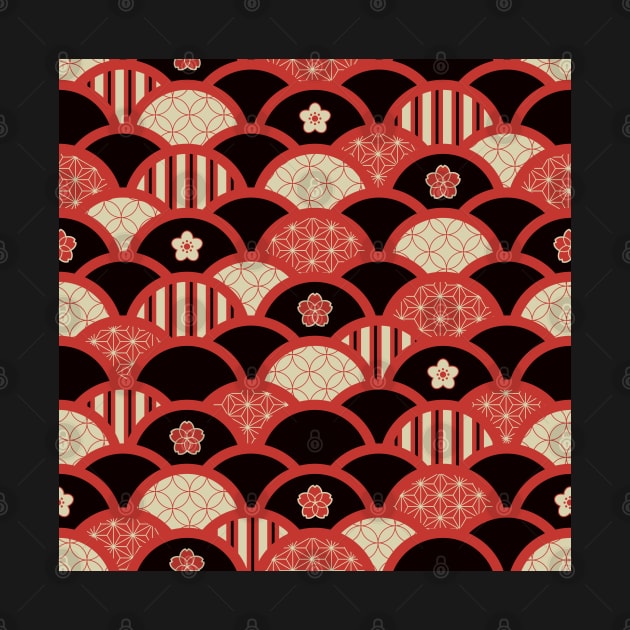 Red Kimono pattern textured waves style by Elemesca