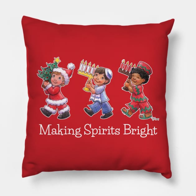 "Making Spirits Bright" Interfaith Holiday Kids WO Pillow by Caroline McKay Illustration