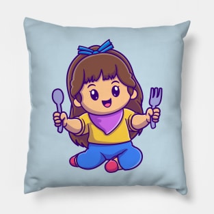 Cute Girl Holding Spoon And Fork Cartoon Pillow