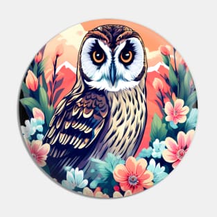 A Cute Short Eared Owl Surrounded by Bold Vibrant Spring Flowers Pin