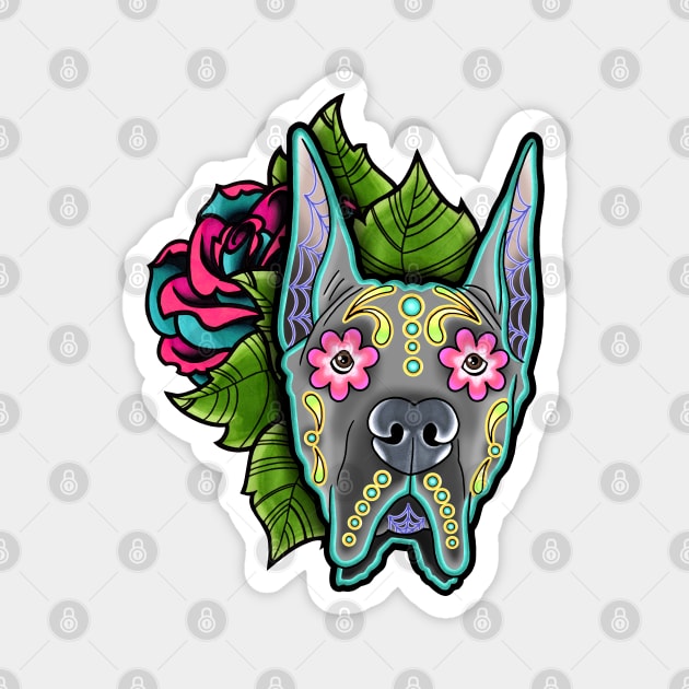 Great Dane - Cropped Ear Edition - Day of the Dead Sugar Skull Dog Magnet by prettyinink