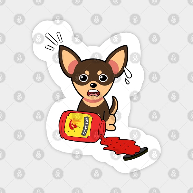 Cute Small dog Spills Hot Sauce Tabasco Magnet by Pet Station