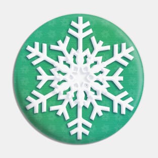 Snowflake Winter Holiday Christmas Kids Party Decoration. White Snowflake on green christmas tree background. Pin