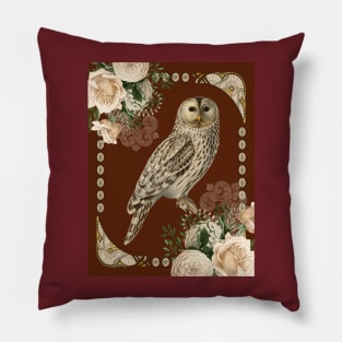 Barn Owl with Ivory Roses in Art Nouveau Influence Pillow