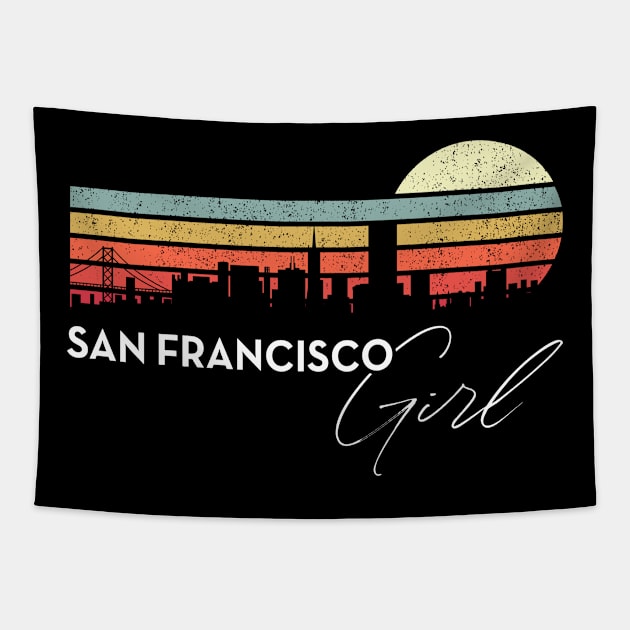 San Francisco Girl Retro Sunset City Skyline Souvenir Tapestry by grendelfly73