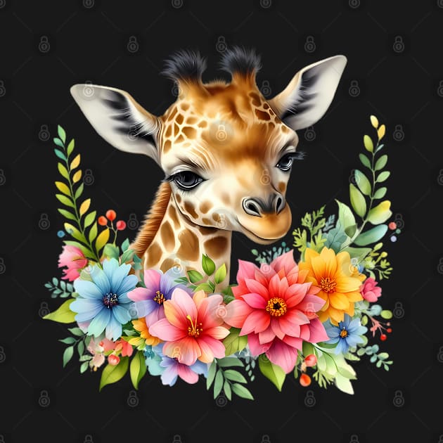 A baby giraffe decorated with beautiful colorful flowers. by CreativeSparkzz