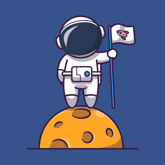 Cute Astronaut Standing On Moon And Holding Flag Cartoon by Catalyst Labs