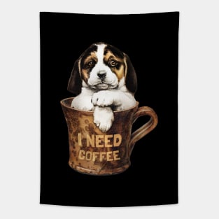 I Need Coffee Cute and Vintage Puppy Tapestry