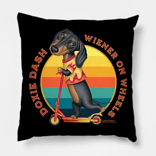 Cute Dachshund Doxie Dash Wiener on Wheels Pillow