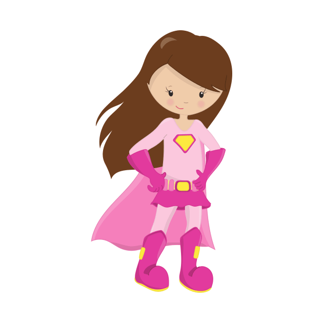 Superhero Girl, Brown Hair, Cute Girl, Pink Cape by Jelena Dunčević