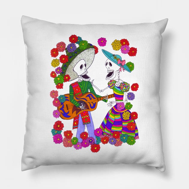 Skeleton Mexican Man and Woman Singing with Guitar Pillow by Kathy Braceland Art