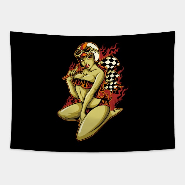 Hot Pin-Up Girl with Racing Flag Tapestry by fatline