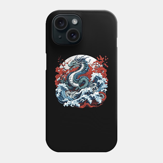 Dragon against the backdrop of a setting sun bathed in ocean waves Phone Case by T-Shirt Paradise