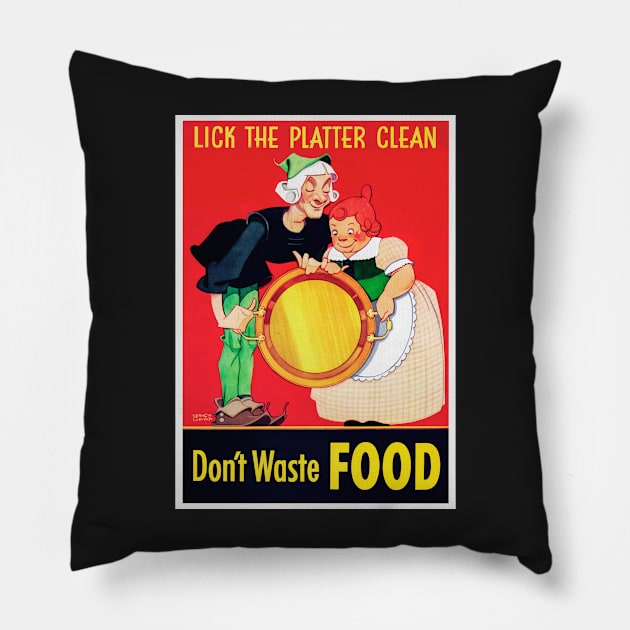 Beautifully restored reprint "Lick The Platter Clean" Jack Spratt and wife propaganda print - black Pillow by vintageposterco