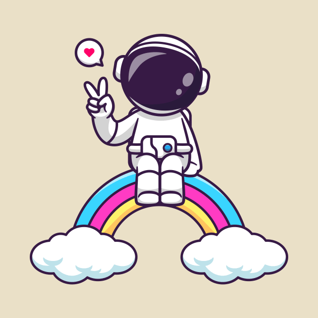 Cute Astronaut Sitiing On Rainbow With Peace Sign Cartoon by Catalyst Labs