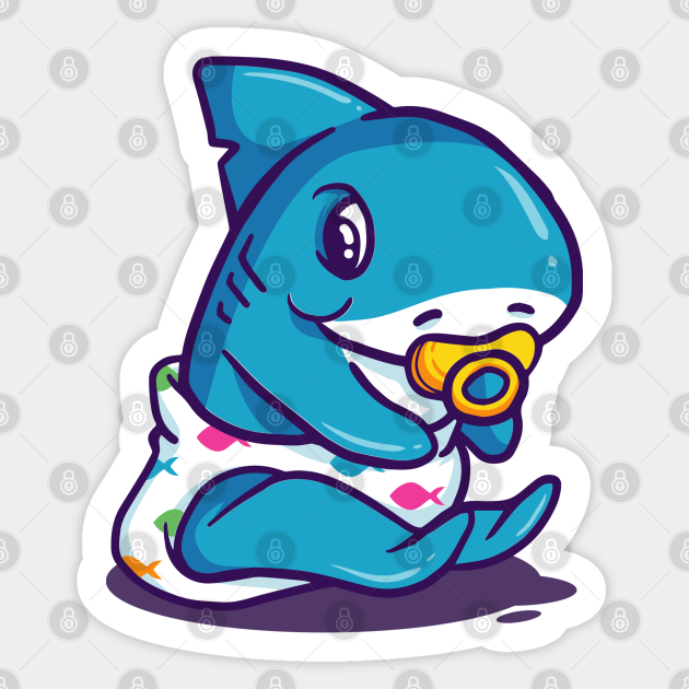 Cute baby shark sucking a pacifier and wearing a cute diaper with fish prints - Baby Shark - Sticker