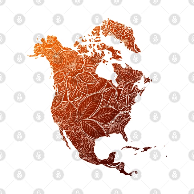 Colorful mandala art map of North America with text in brown and orange by Happy Citizen