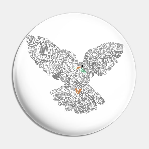 Typographic Peace Dove (white) Pin by vo_maria