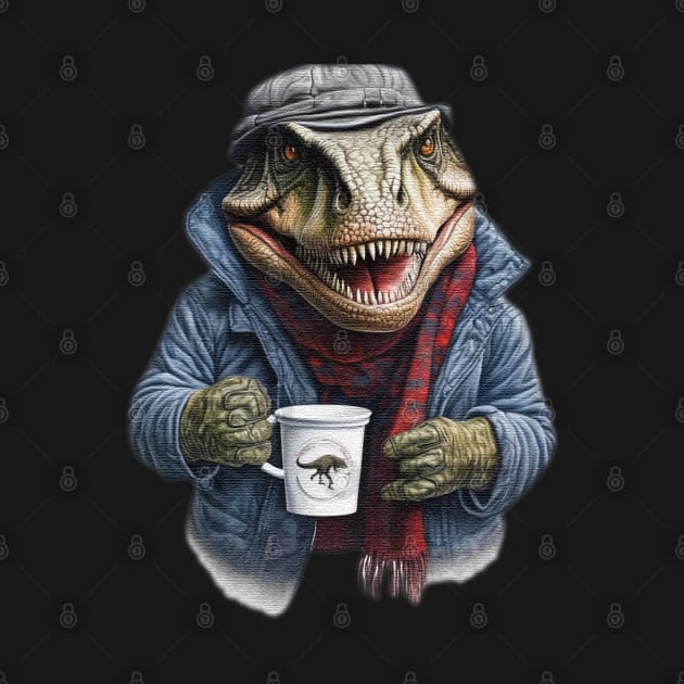 T-Rex wearing a jackets holding a cup of coffee by JnS Merch Store