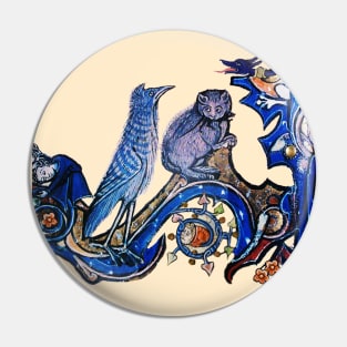 WEIRD MEDEVAL BESTIARY, CAT AND CUCKOO BIRD IN BLUE Pin