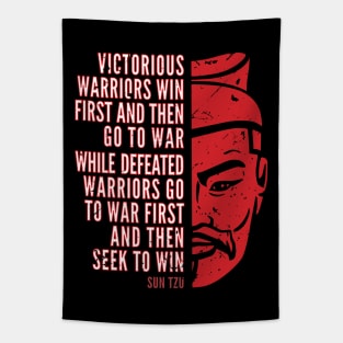 Red Distressed Sun Tzu with Inspirational Quote: Victorious and Defeated Warriors Tapestry