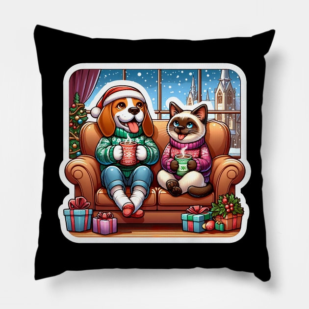 Most Wonderful Time Of The Year Beagle Dog Siamese Cat Ugly Christmas Sweater Hot Chocolate Home Let It Snow Pillow by Plushism