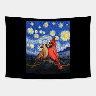 Red Cardinal bird Van Gogh starry night cute cardinals couple Tapestry