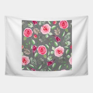 Red Roses on Grey  | Watercolor | Pattern | Grey Tapestry