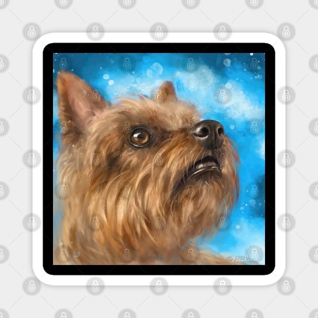 Painting of a Brown Yorkshire Terrier Looking Up With a Cute Facial Expression on Blue Background Magnet by ibadishi