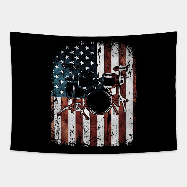 Vintage Drum Drummer USA Flag Tapestry by paola.illustrations