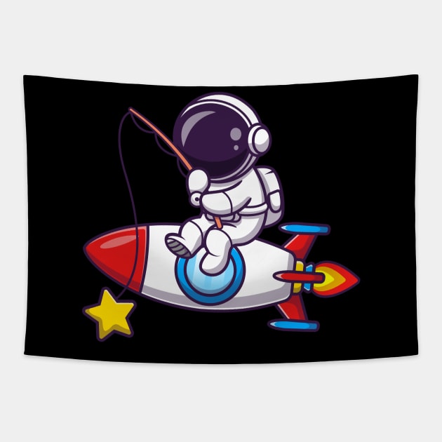 Astronaut Fishing Star On Rocket Cartoon Tapestry by Catalyst Labs